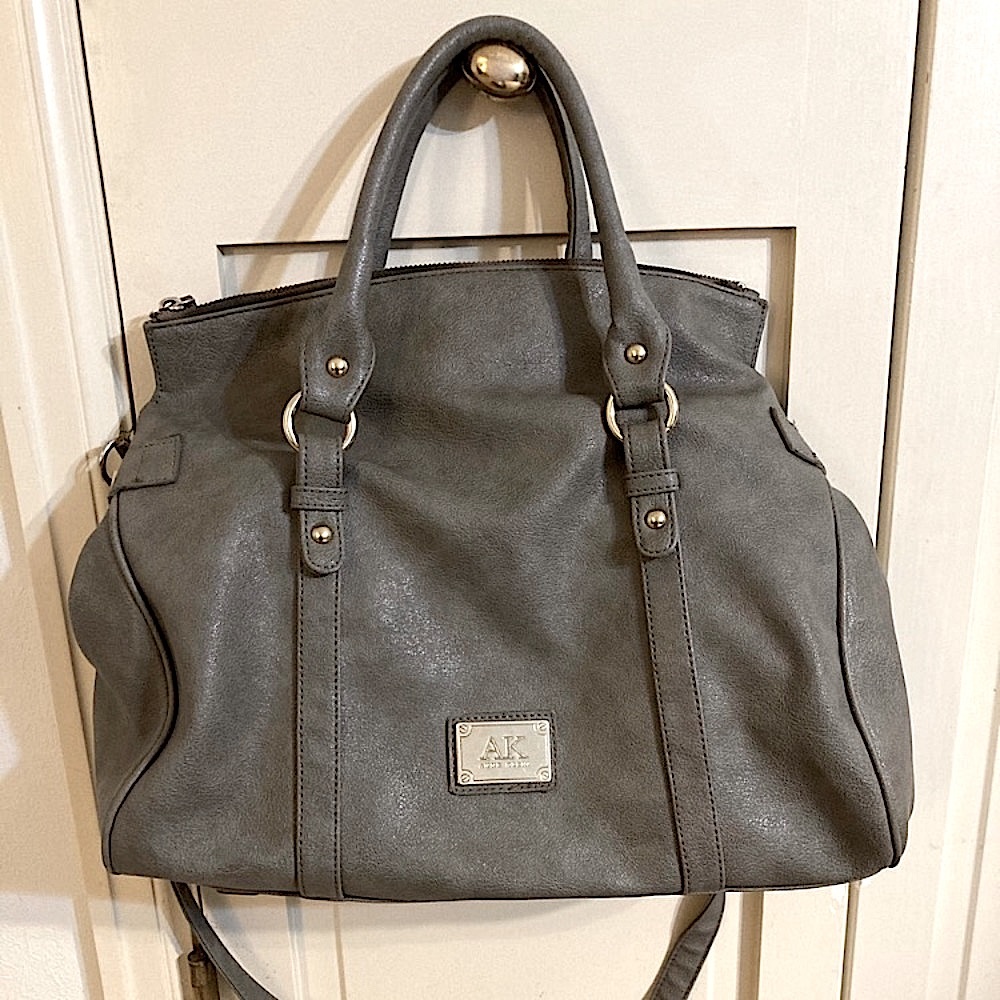 VTG Anne Klein Gold Logo Taupe/Grey Leather Convertible Crossbody Shoulder Bag